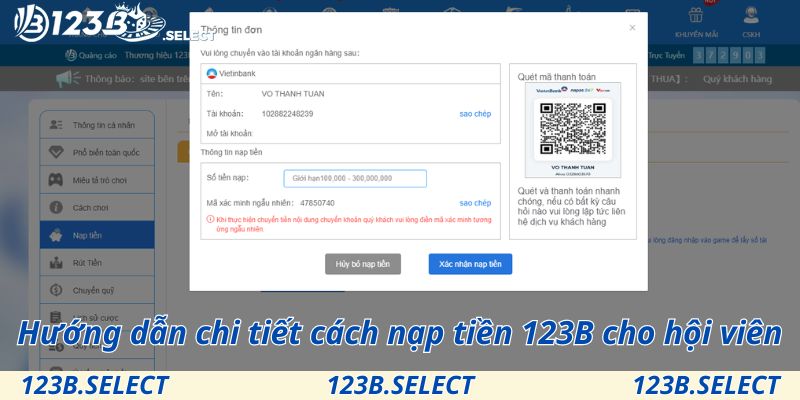 Chi tiết hướng dẫn các bước tiến hành nạp tiền 123B